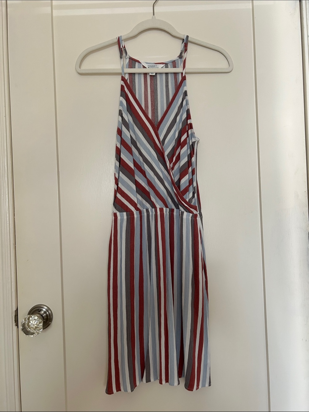 Striped Surplice Midi Dress in Dusty Red, Blue & White